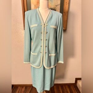 Vintage 1990s Turquoise Aqua St John Collection Knit Sweater Skirt Suit Set 10 M